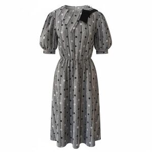 VTG 80’s Black & White Polka Dot Puff Sleeves Drape Collar Secretary Dress USA